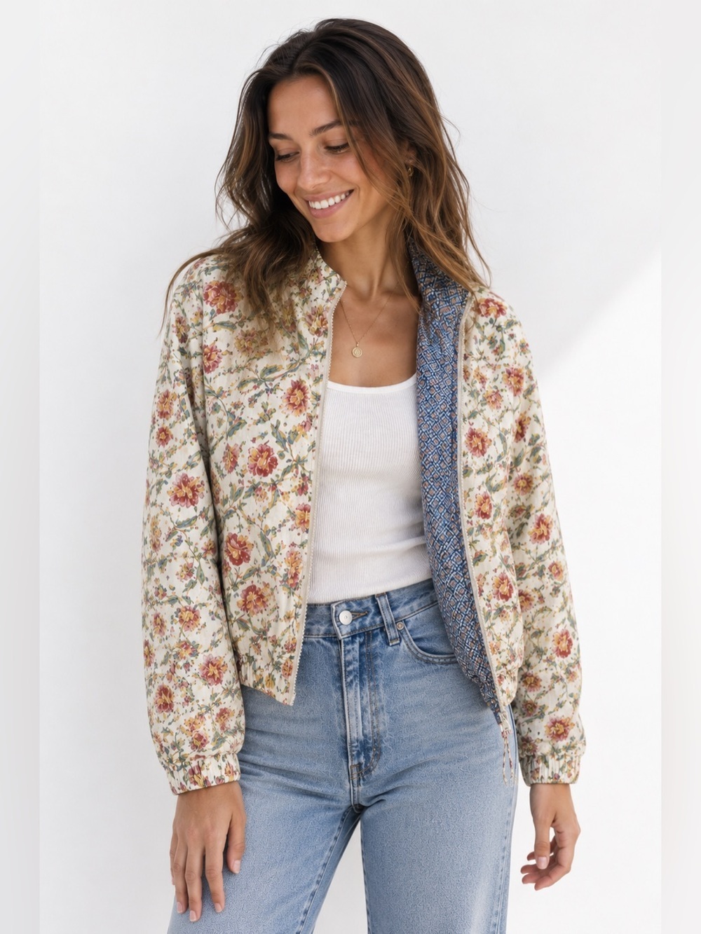 Vera Bradley Reversible Floral Bomber Jacket Cream Blue L